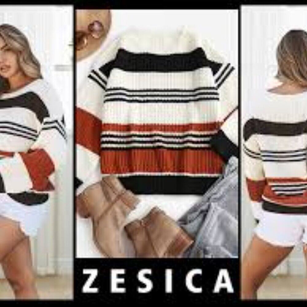 ZESICA Fall Long Sleeve Crew Neck Striped Color Block Casual Knit Sweater SZ L
